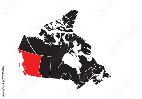 A black and white map of Canada, highlighting the province of British Columbia in red.