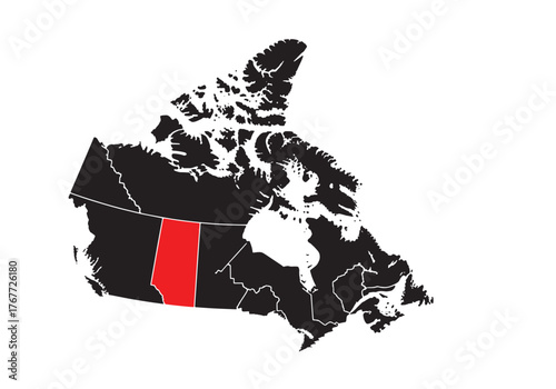 A map of Canada with the province of Alberta highlighted in red against a black background.