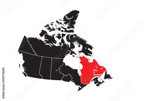 A black and white map of Canada with the province of Newfoundland and Labrador highlighted in red.
