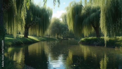 Fototapeta Naklejka Na Ścianę i Meble -  Serene park scene with weeping willows