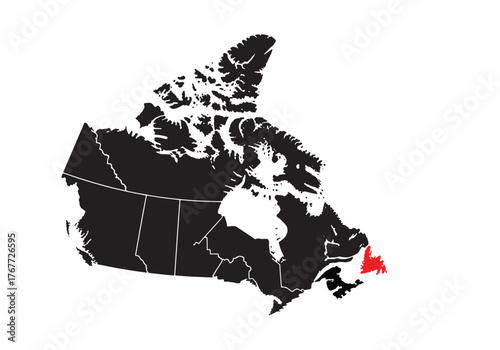 Map of Canada in black, with the province of Newfoundland and Labrador highlighted in red.