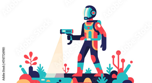 Astronaut Exploring Alien Terrain Illuminated by A Futuristic Weapon on Mysterious Land