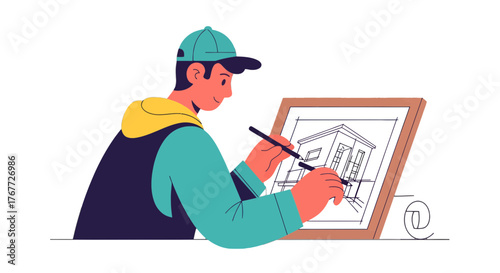 Architect Illustrating A House Blueprint Design With Precise Lines and Details