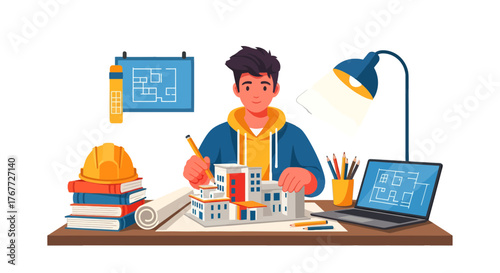 Architect Working On Architectural Plans And Models For A New Building Project