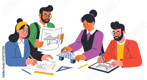 Architects Collaborating On Bridge Designs And Blueprints For Construction Projects