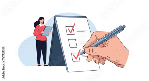 A person holding a clipboard stands near a checklist where a hand is marking items with a pen.