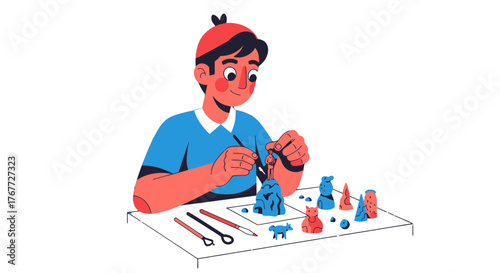 Artisan Creating Miniature Statues Of Different Forms And Colors  Illustration Art