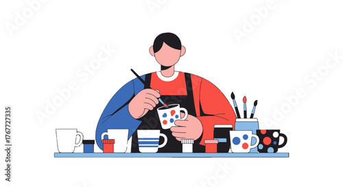Artisan Decorating Ceramic Mugs with Paints, Artistic Skill and Creative Design