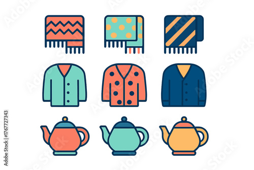 Colorful winter clothing and hot beverage items including scarves cardigans and teapots