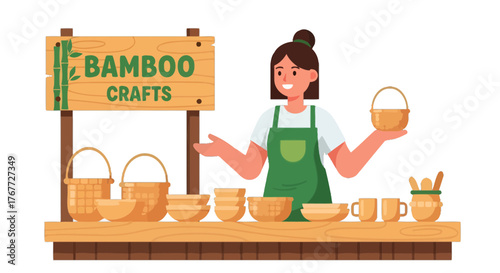 Artisanal Bamboo Craft Business: Local Artisan Presenting Woven Products, Promoting Eco-Friendly