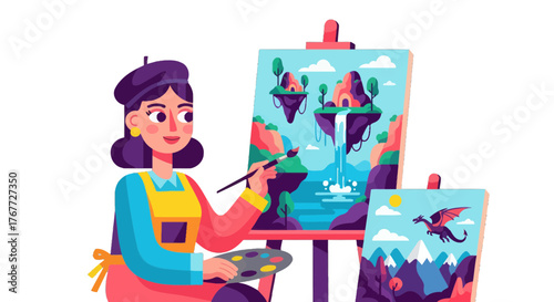Artist Crafting A Fantasy Landscape Painting on Canvas In A Studio For Creative Expression