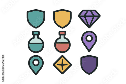 Colorful set of graphic symbols including shields, location markers, diamond, and potion flasks