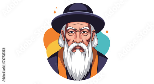 Illustration of an old wise man with a long white beard and a hat.