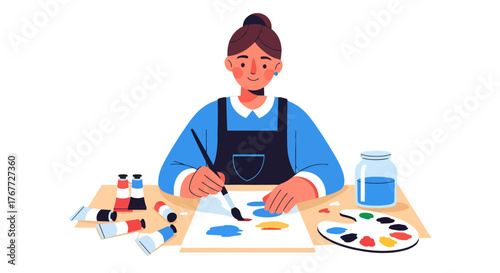 Artist Crafting Artwork: Painting Creation With Brush, Palette, and Paint Tubes