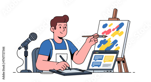 Artist Crafting Digital Artwork, Recording a Podcast, Combining Creative Work With Modern Technology