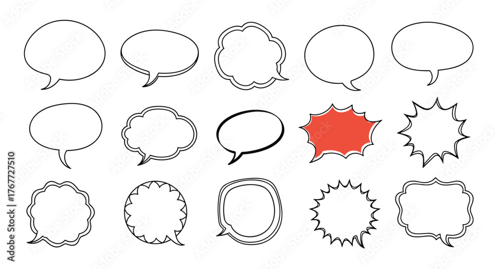 Fototapeta premium Collection of various hand-drawn speech bubble and thought bubble shapes for comic books and graphic design.