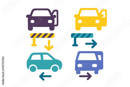 Vehicle traffic flow and movement icons through security checkpoints and restricted access barriers