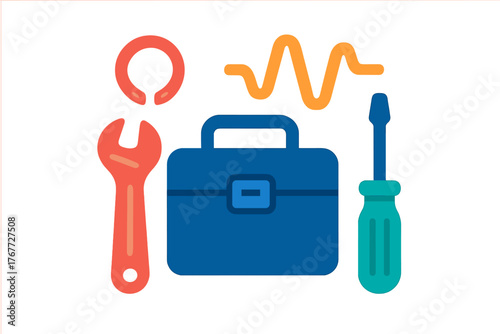 Essential maintenance and service tools including a blue toolbox red wrench and green screwdriver with technical signal line