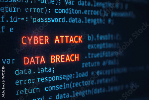 Glowing Orange Cyber Attack and Data Breach Text on Dark Blue Code Background cybersecurity hacker