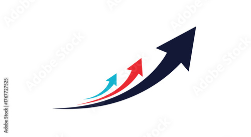 Three upward trending arrows in dark blue, red, and light blue on a white background.
