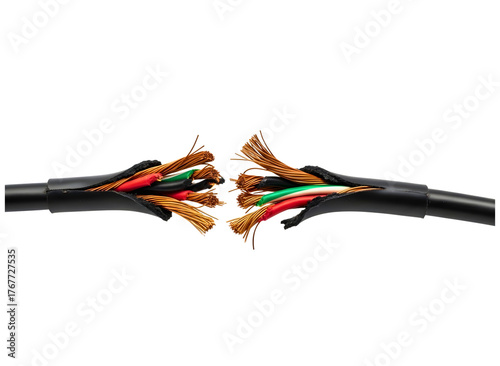 Severed electrical cable with exposed wires isolated on transparent background