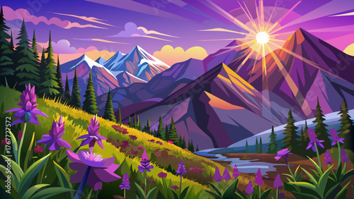 Very beautiful, cinematic summer Colorado wildflower scene with purple state Columbine, bright afternoon sunlight and sun flare, Rocky Mountains, Silverton, Telluride, Ice Lake Basin Trail, and 