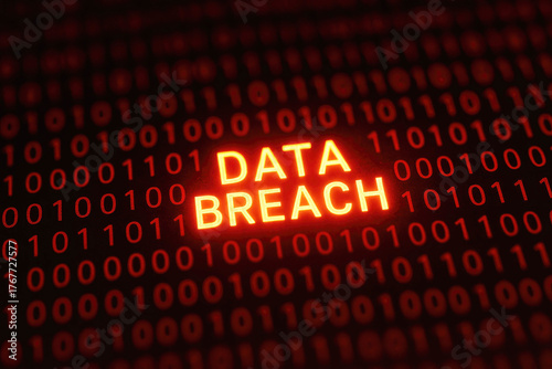 Glowing orange text DATA BREACH superimposed on red binary code background data breach digital