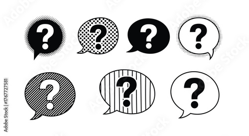 Collection of diverse speech bubble icons featuring question marks with various fill patterns.