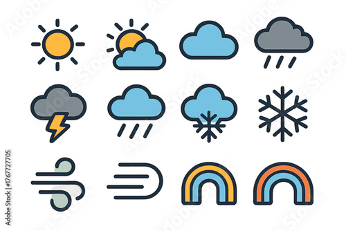 Simple set of twelve meteorological forecast symbols showing sun, clouds, rain, snow, lightning, wind, and rainbows