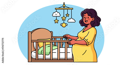 Expecting Mother Decorating Baby Crib with Mobile, Preparing for New Arrival in Nursery