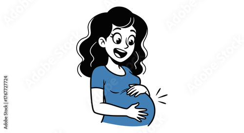 Joyful expectant mother embraces her growing baby bump with a heartwarming smile, symbolizing new life and maternal love