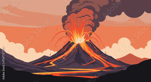 A dramatic illustration of a volcano erupting, spewing lava and ash into the sky at sunset.