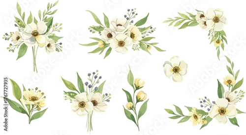 Delicate watercolor floral arrangements and corner elements featuring soft yellow and white blooms with green leaves