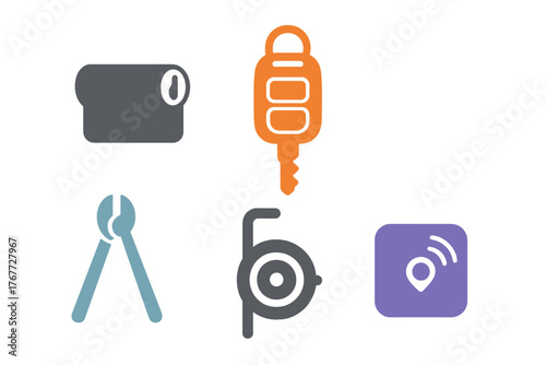 Security tools and tracking devices including car key fob, pliers, and GPS location pin