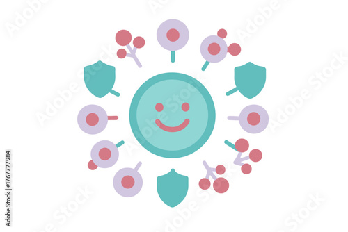 Smiling face icon surrounded by protective shields and natural elements representing immunity and wellness