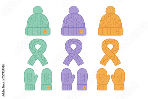 Colorful set of knitted winter hats, scarves, and mittens in three different color palettes