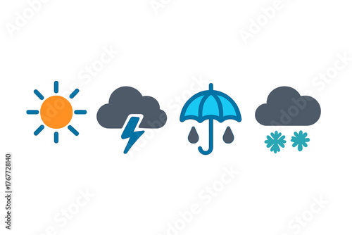 Set of four essential weather icons showing sun, thunderstorm, rain, and snow conditions
