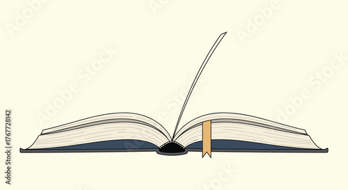 An open book with a bookmark inserted rests on a light yellow background.