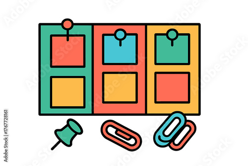 Kanban board columns with sticky notes and pushpins for project management and task organization