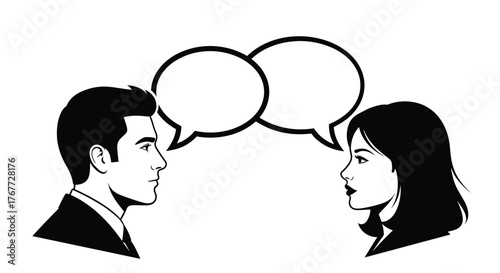 A man and woman in profile facing each other with two empty speech bubbles above their heads.