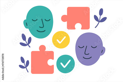Abstract concept of mental wellness teamwork and problem solving using puzzle pieces and calm faces