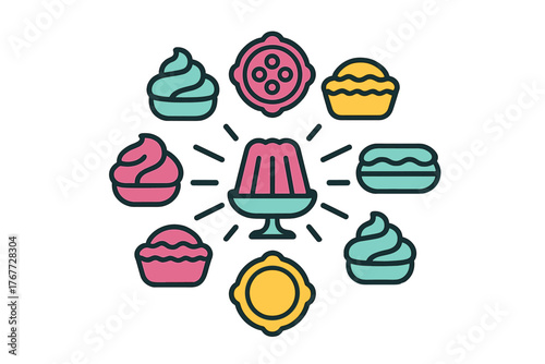 Colorful arrangement of sweet desserts and confectionery items centered around a bright gelatin mold