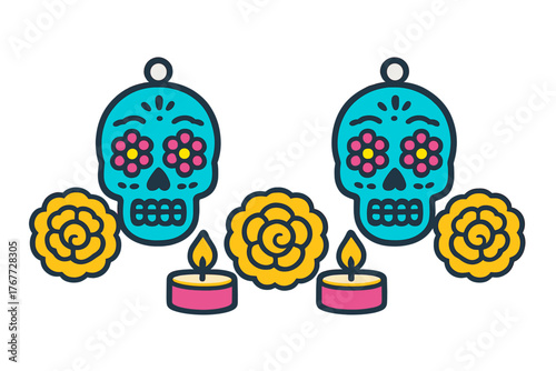Brightly colored sugar skulls marigold flowers and lit candles honoring Day of the Dead