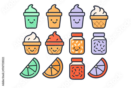 Colorful assortment of kawaii food items: soft serve desserts, jam jars, and citrus wedges