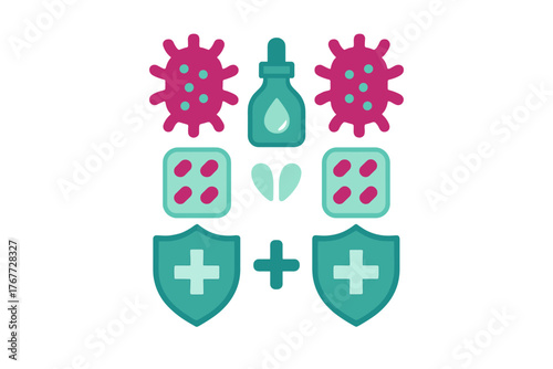 Medical icons set showing virus protection, medication, and health defense symbols