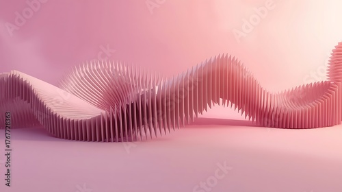 Abstract pink background with a ribbon and hearts, featuring a flowing wave design and subtle purple lines