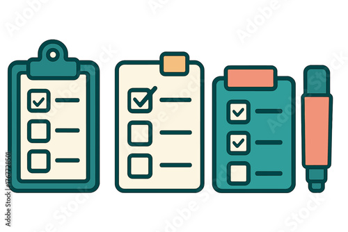 Set of checklist clipboards with check marks and a marker pen representing task completion and planning