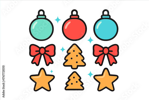 Colorful Christmas holiday decorative elements baubles bows stars and trees