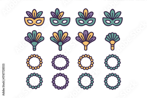Mardi Gras festive icons set with masquerade masks, decorative fans, and colorful party beads