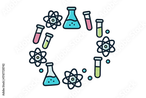 Scientific research symbols including conical flasks, test tubes, and atom models arranged in a circle